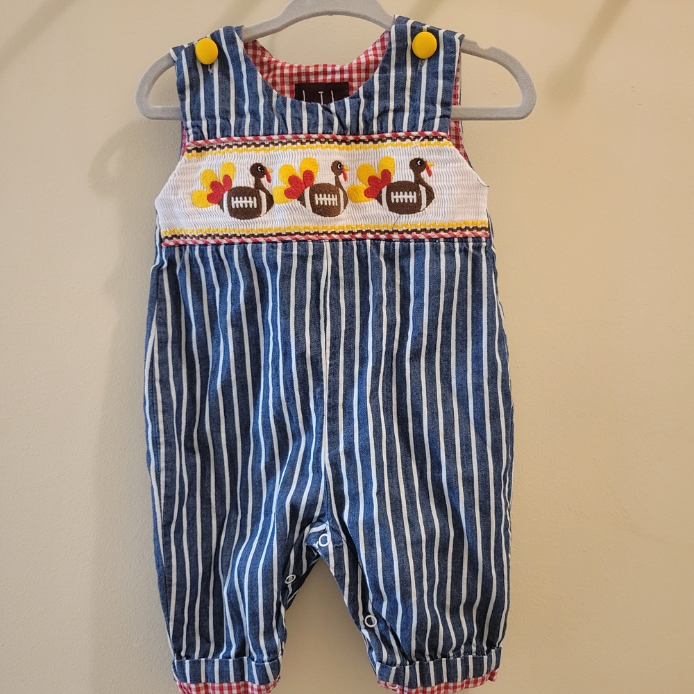 Lil Cactus Smocked Turkey Football Blue and White Striped Overall